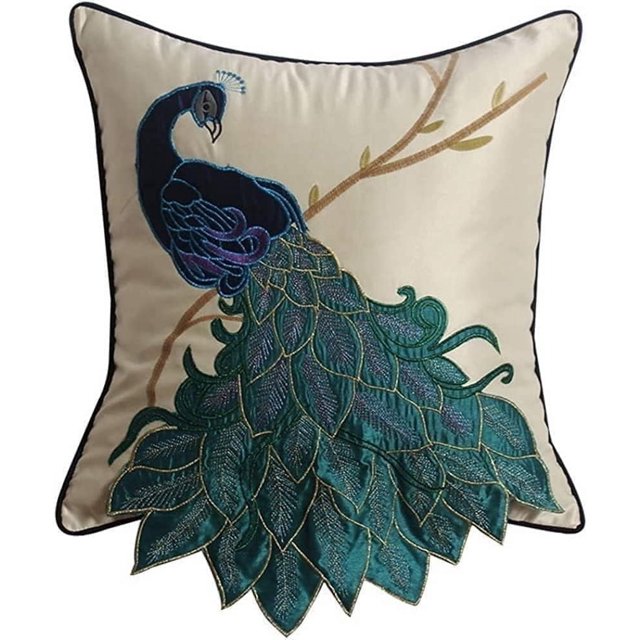 Embroidered Peacock Decorative Throw Pillow Case Silky Satin Cushion Cover (Left)