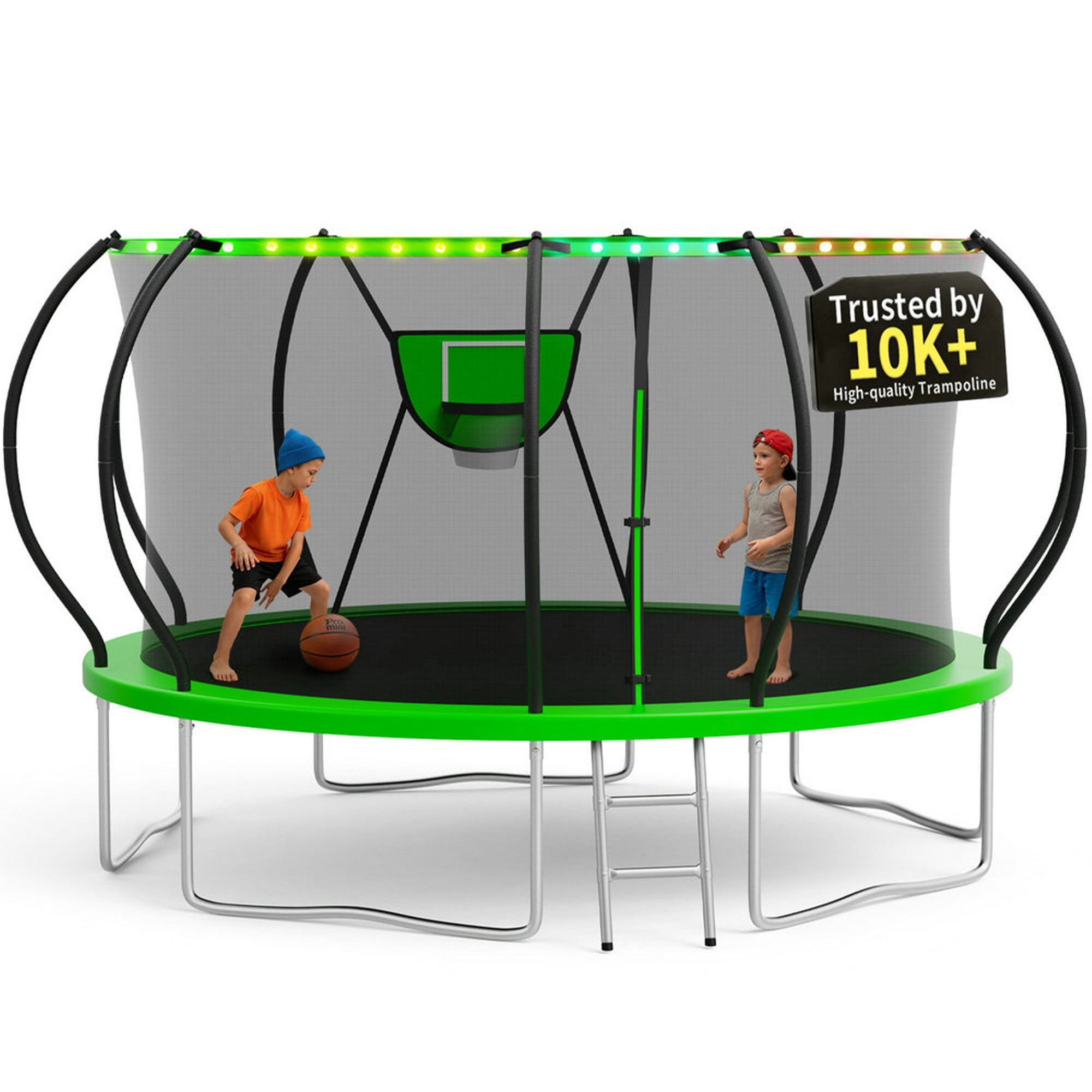 KOFUN 14FT Trampoline for Kids and Adults Round Trampoline with Basketball Hoop and Ladder Outdoor Backyard Trampoline with Enclosure Net Light 1400LBS Capacity Easy to Install Green