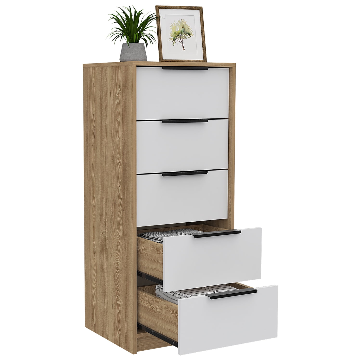 Kadyn 5 Drawers Dresser, Chest of Drawers with Metal Handle, White+Wood Storage Cabinet, Nursery Dresser Kadyn 5 Drawers Dresser, Chest of Drawers with Metal Handle, White+Wood Storage Cabinet, Nursery Dresser