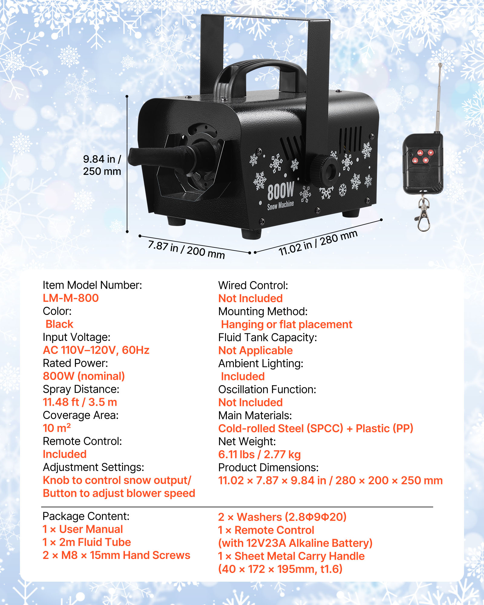 VEVOR Snow Machine, 800W Handheld/Hanging Snow Maker, Portable Wireless Remote Snowmaking machine with 1L Tank & Handle, Outdoor & Indoor Snowflake Maker for Christmas Party Stage Effect