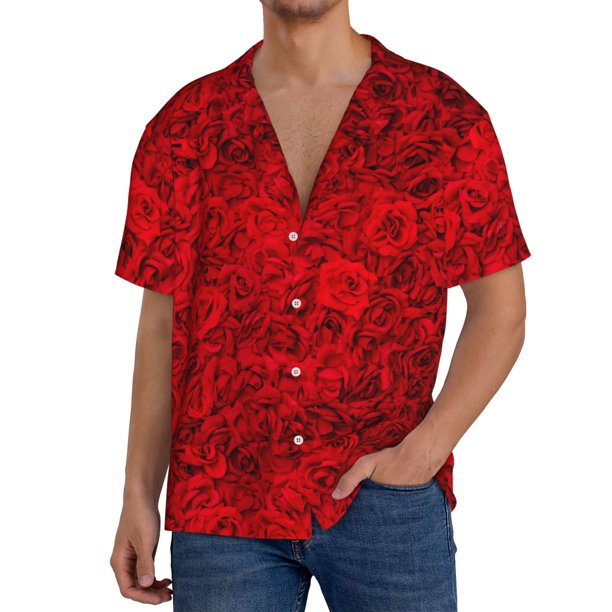Balery Red Rose Camisa Casual de Manga Corta con Botones para Hombre, Texturizada, Estilo Cubano, para Playa, Verano-Large
