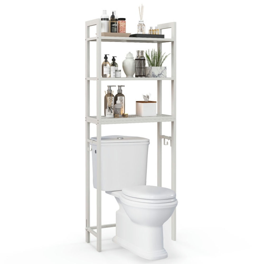 Finihen Toilet Storage Rack, Toilet Storage Shelf, Over-The-Toilet Storage Shelf Space Saving Metal Bathroom Organizer Hooks, for Bathroom, White