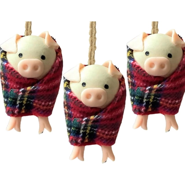 Cerdos en mantas, decoración navideña, colgante de cerdo de Navidad de dibujos animados lindo hecho a mano con accesorios de cerdito de madera, adorno divertido para árbol de Navidad para decoración n