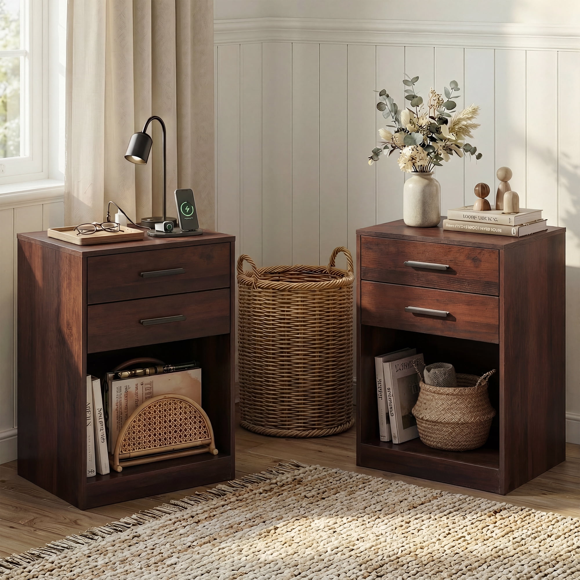 GALAXHERO Nightstand Set of 2 with Charging Station and 2 Drawers, Wood Bedside Table End Table with Open Shelf for Bedroom, Living Room, Espresso