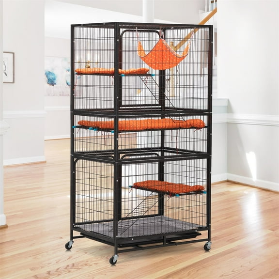 Pefilos 3 Door Iron Pet Cage for All Ferrets and Small Animal, Rabbit Hutch, Guinea Pig Cage with Universal Wheels Load Capacity 44lb, Black