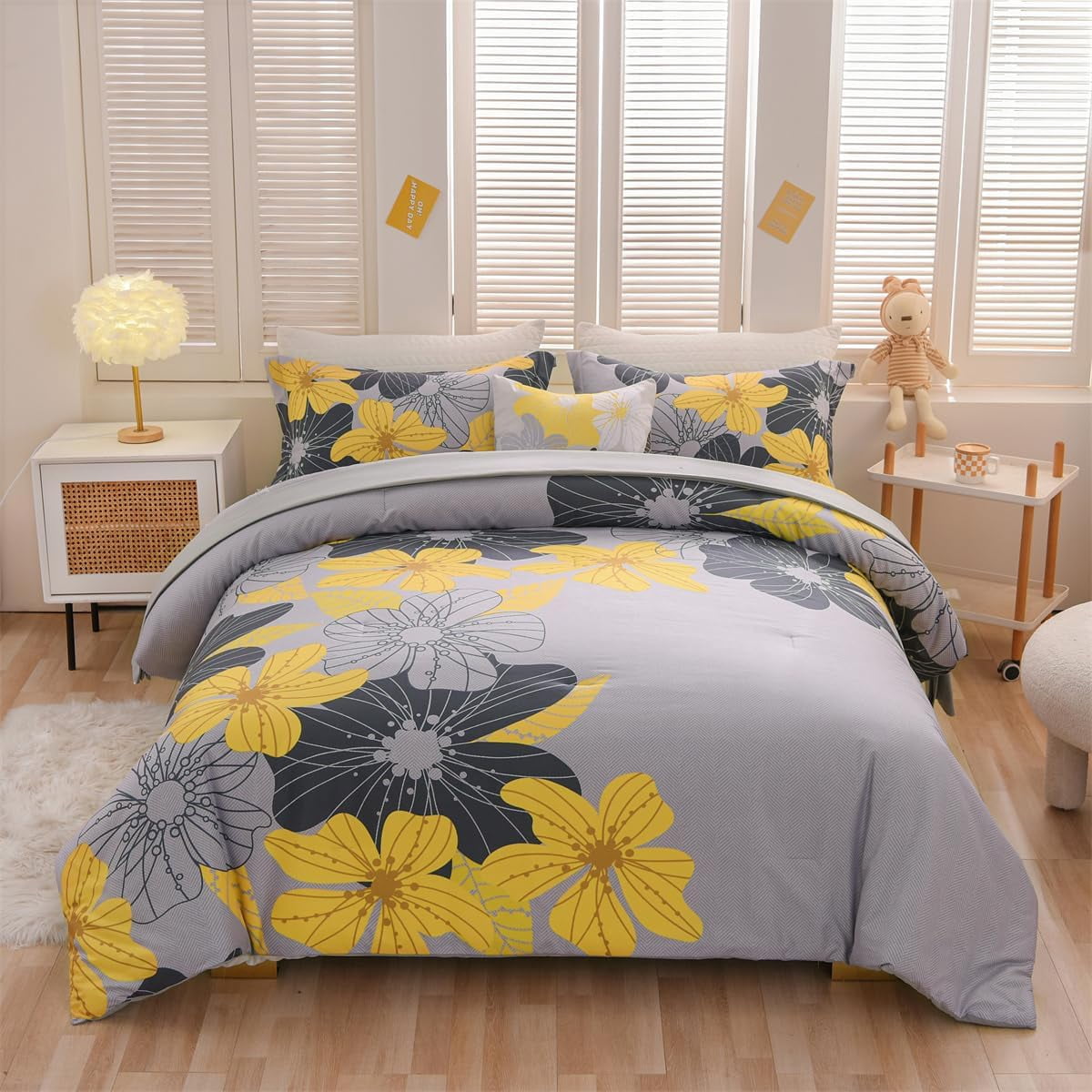 NTBED Floral Comforter Set Queen 6 PCS Bed in a Bag Yellow Flowers Printed on Grey Botanical Bedding Sets Boho