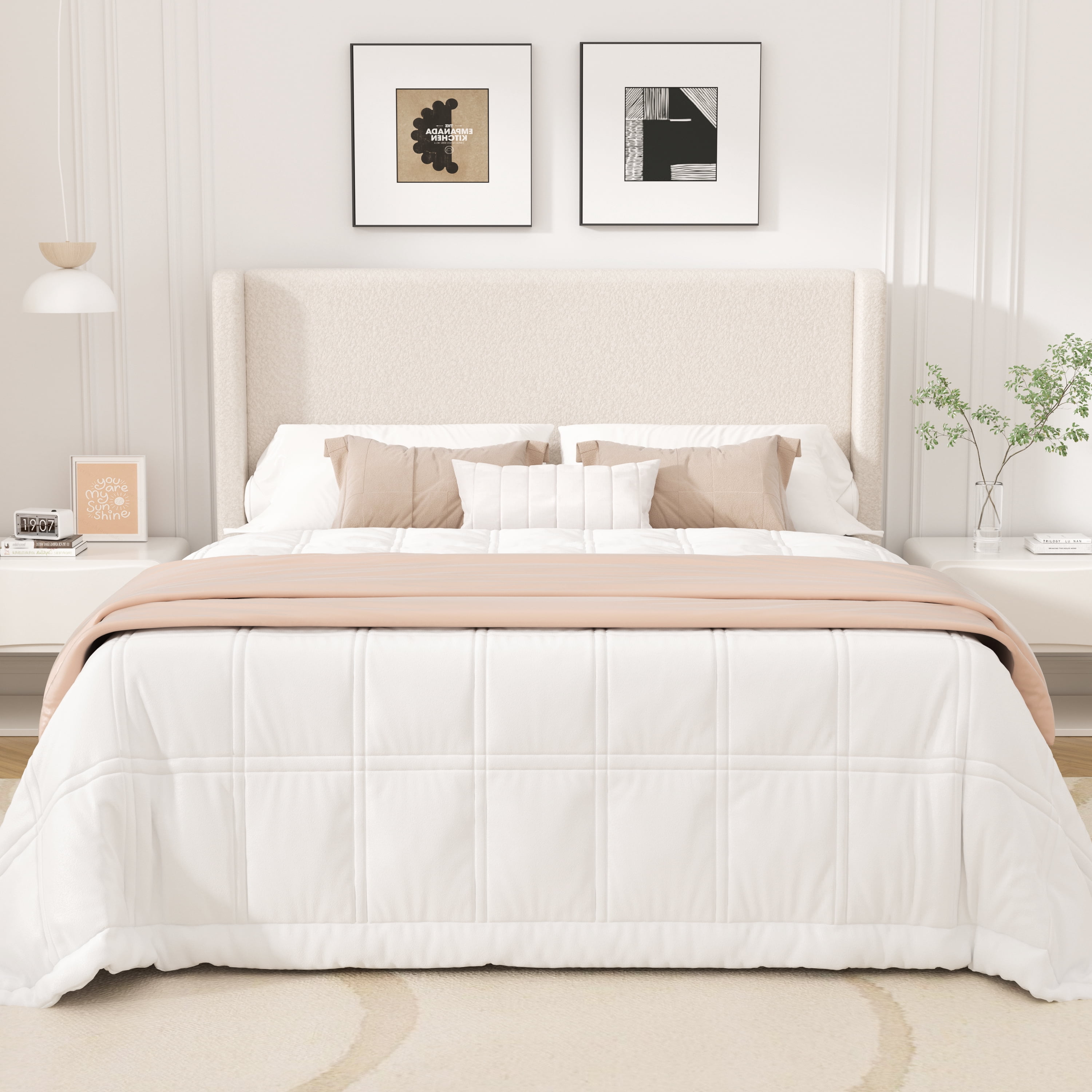 Frostbloom Full Size Boucle Upholstered Platform Bed Frame with Wingback Headboard, Beige