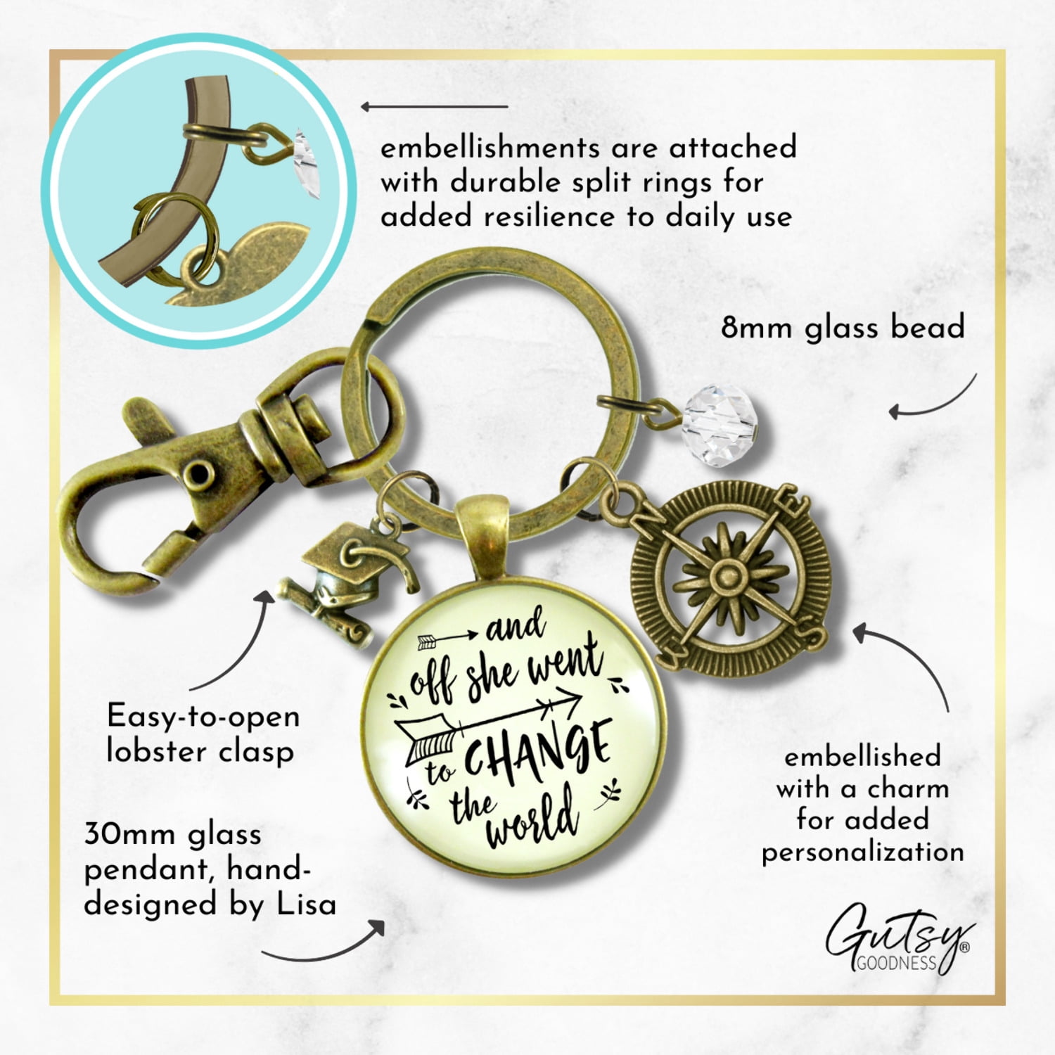And Off She Went to Change the World Graduation Gutsy Goodness Bronze Keychain Compass Charm Womens Jewelry