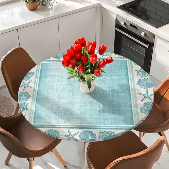 Coastal Summer Beach Elastic Fitted Round Tablecloth Nautical Teal Starfish Shell Coral Waterproof Outdoor Table Cover for Holiday Party, Picnic, Patio & Dining Fits Tables Up to 36"-44"