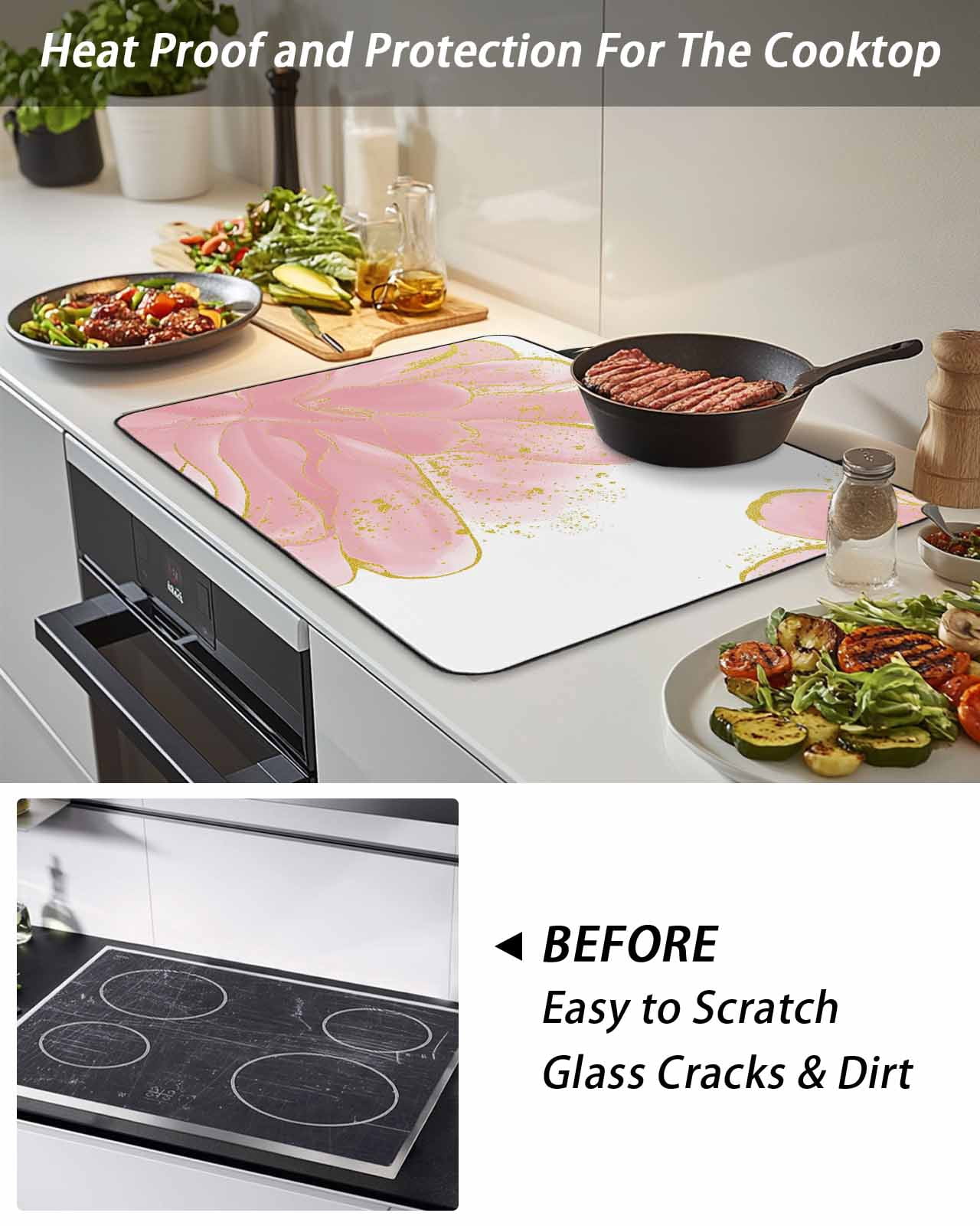 Stove Top Covers for Electric Stove, Pink Gold Glass Stovetop Cover Protector, Boho Modern Abstract Minimalist Aesthetic Flower Induction Cooktop Protector Oven Mat for Kitchen Countertop 24"x21"