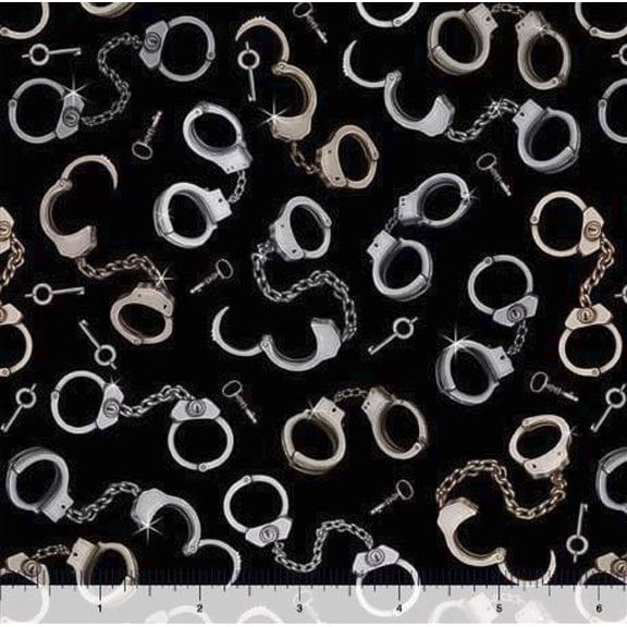 Cotton Hand Cuffs Black Police Crime True Detective Quilting Treasures Cotton Fabric Print by the Yard (2600-30722-J)