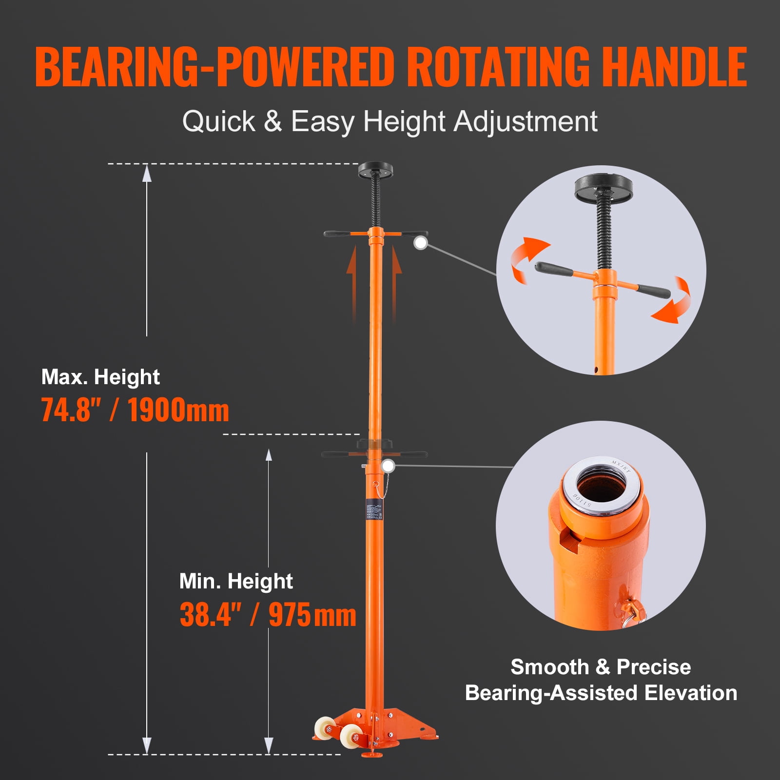 KFFKFF Support Stand, 3/4 Ton Pole Jack, Durable Jack Stand for Vehicles, Adjustable Height 43.3"-70.9", Stable Triangular Base, Mobile with Two Wheels, for Automotive Lifting