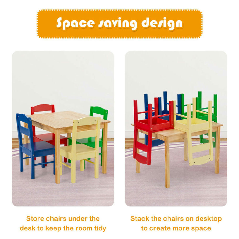 Barara King Toddler Table Chairs Set,Kids Play Table Set,5 pcs Kids Pine Wood Multicolor Table Chair Set