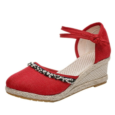 

B91xZ Women s Sandals Embroidery Sandals Breathable Summer Women Toe Shoes Weave Beach Fashion Round Wedges Comfortable Red Size 9