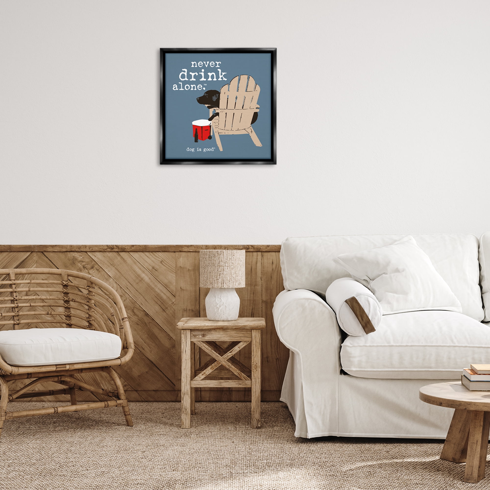 Stupell Industries Never Drink Alone Phrase Animals Painting Black Floater Framed Canvas Art Print Wall Art, 25 x 25