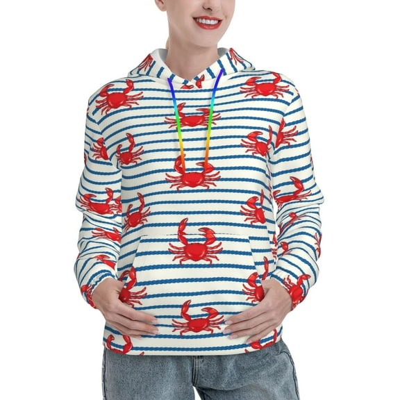 Kdxio Cute Red Crabs With Nautical Print Womens Oversized Hoodies Sweatshirts Hooded Pullover Tops Sweaters Casual-Small