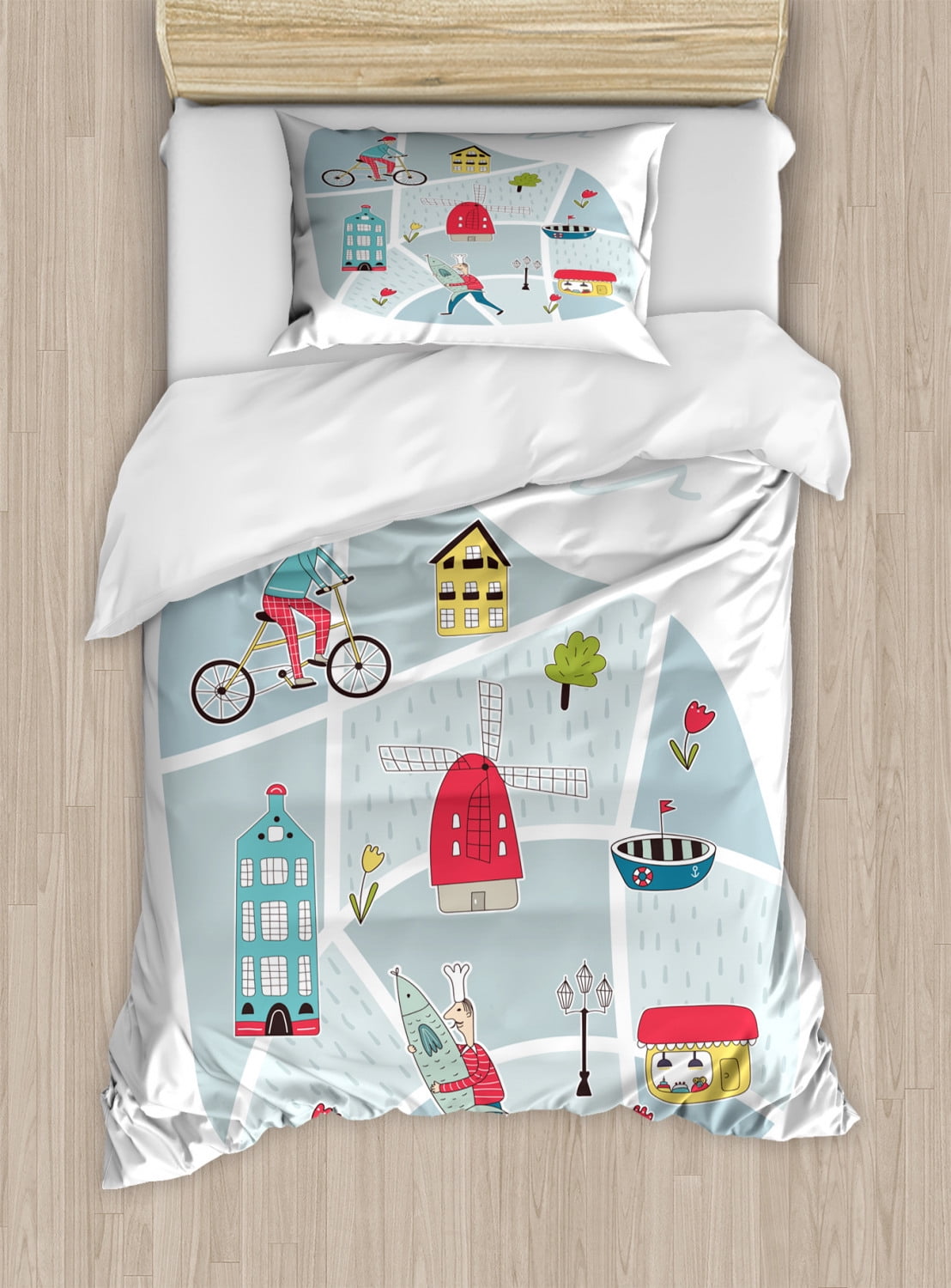 Amsterdam Duvet Cover Set Twin Style Composition of Men Houses Windmills Tulips Country View, Decorative 2 Bedding Set with 1 Pillow Sham, White and Multicolor, by Ambesonne - Walmart.com