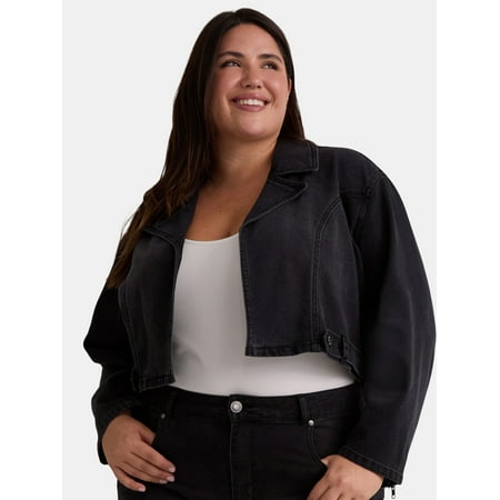 Madden NYC Women’s Plus Size Cropped Denim Moto Jacket, Sizes 1X-4X