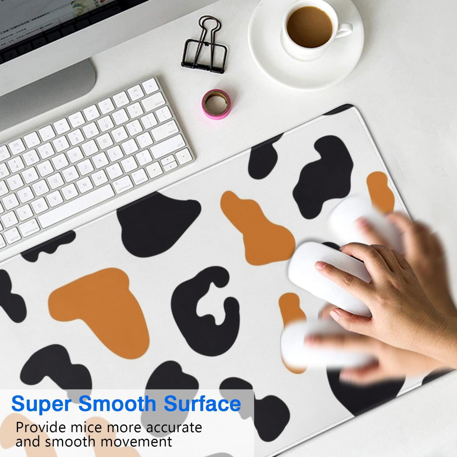 Long Mouse Pads for Desk,White and Orange Of Leopard Print Desk Mats on Top Of Desks, Desk Mouse Pad Extra Large with 3mm Non-Slip Base and Stitched Edge for Gaming,Office,Work,Home 31.5"x11.8"