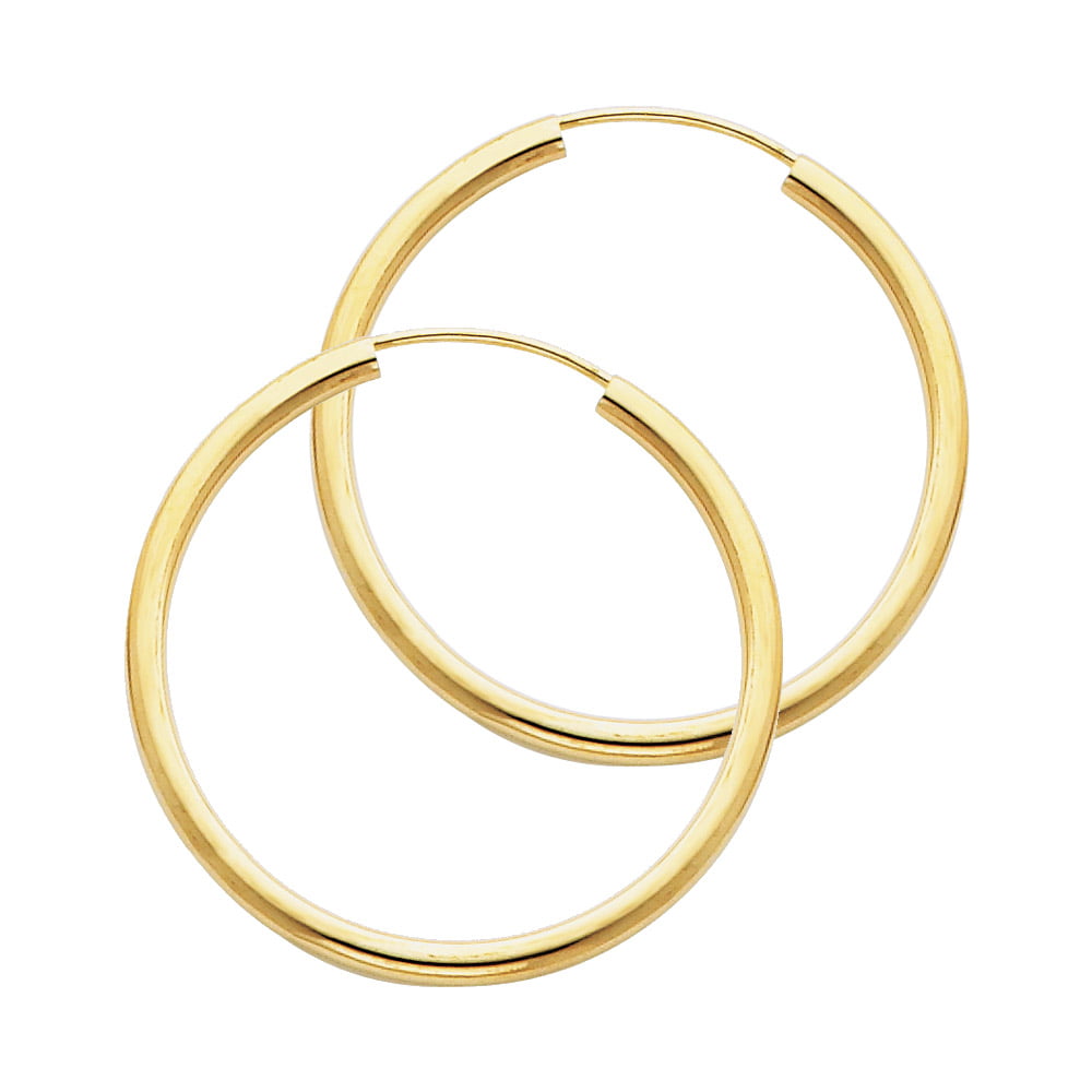 14k Yellow Gold 2mm Thick Round Tube Endless Hoop Earrings, High Polished,  (30mm)