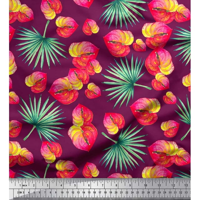 Soimoi Polyester Crepe Fabric Leaves & Laceleaf Floral Print Sewing Fabric Yard 52 Inch Wide