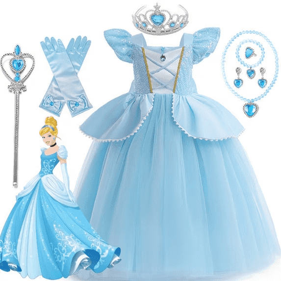 10Pcs Costume for Girls Kids Blue Princess Dress with Accessories Halloween Birthday Party Outfits