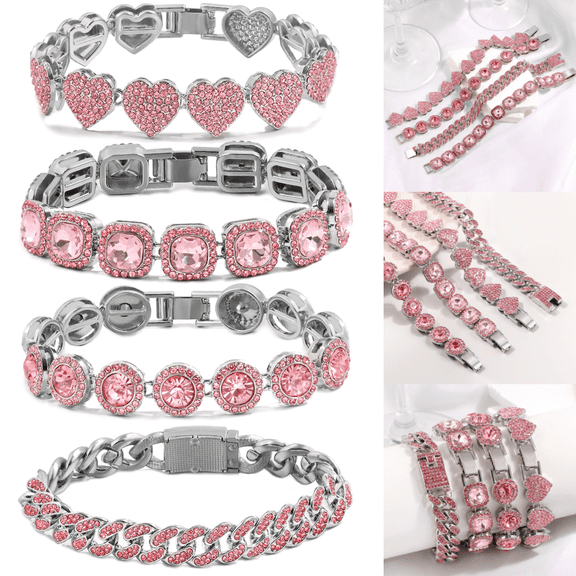 4pcs Elegant Chain Bracelets for Women, Pink Layered Cuban Link Bracelet Set