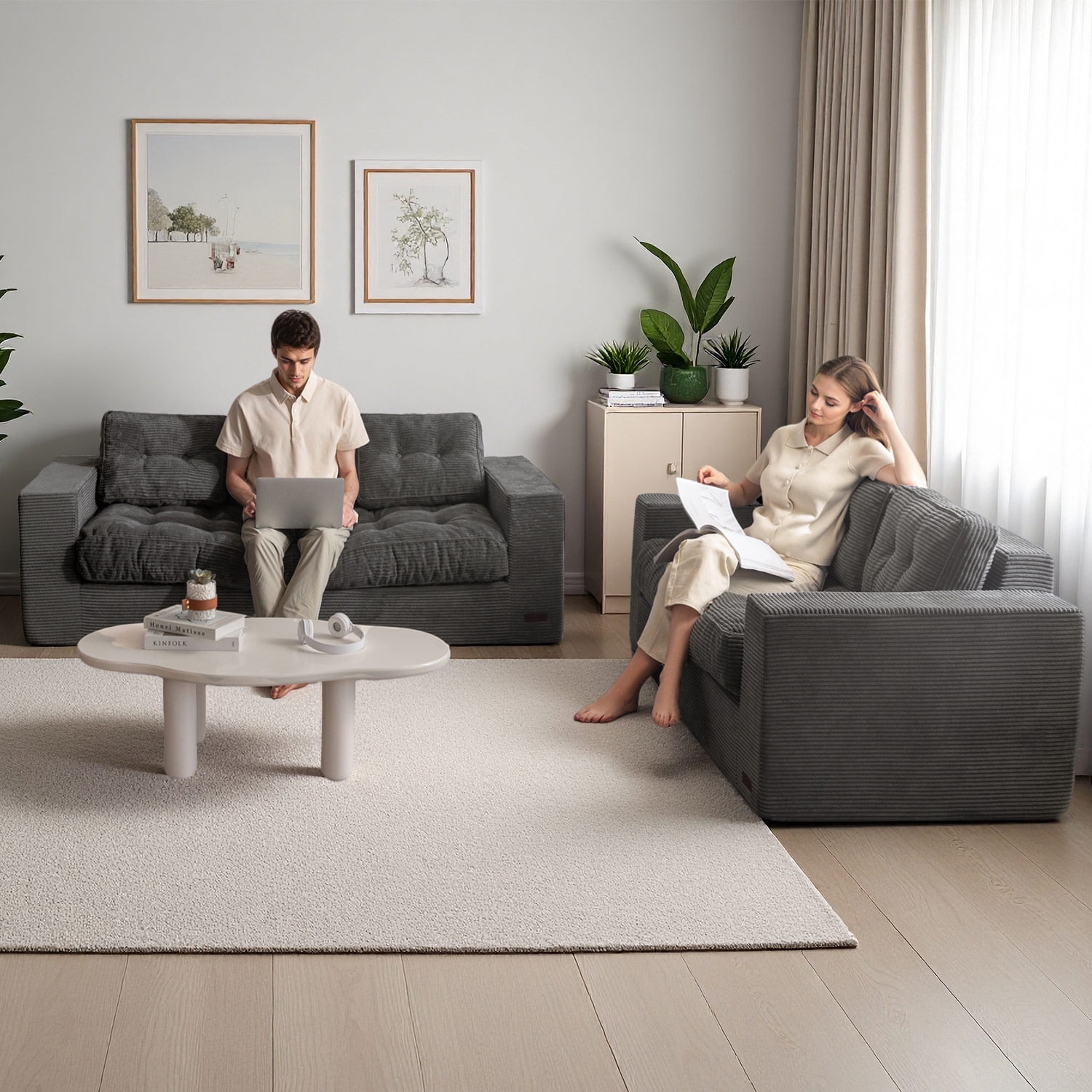BYBYME 3 Seater Couch with Tufted Cushion & Backrest,Corduroy Floor Sofa with Armrests for Living Room Bedroom Office,Sofa in A Box,No Assembly Required,Dark Grey
