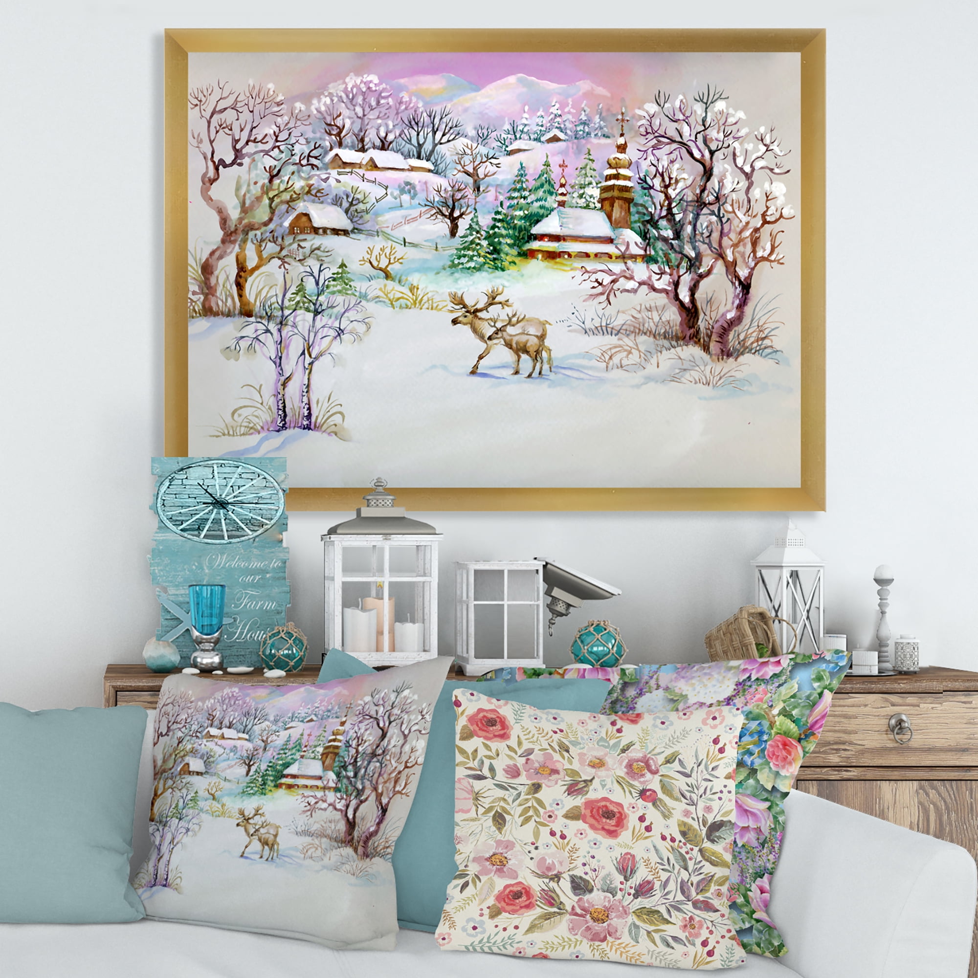Designart 'Winter VIllage Life Landscape' Traditional Framed Art Print