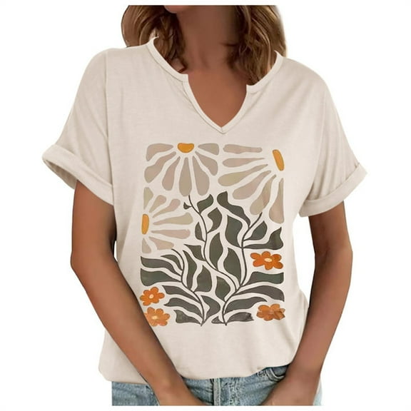 Women Summer Tops Womens V Neck T Shirt Flowers Graphic Tees Casual Short Sleeve Summer Tops Loose Country Music T Shirt Womens Embroide Top Long V Neck Shirts Ladies plus Size Long Shirts Beige 2XL