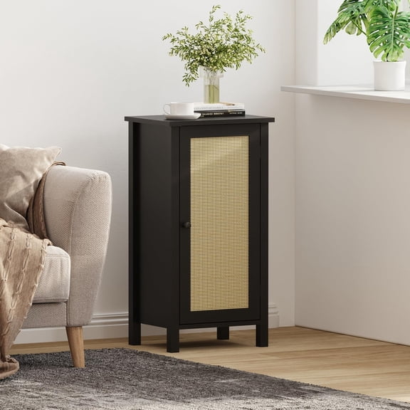 TROPOW 2-Tier Nightstand with Woven Rattan Door, Bamboo Floor Cabinet for Bedroom, Kitchen, Living Room, Hallway – Slim Design Accent Furniture, Freestanding Space Saving Storage Organizer