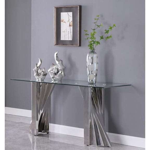 Geometric Clear Glass Console Table with Silver Stainless Steel