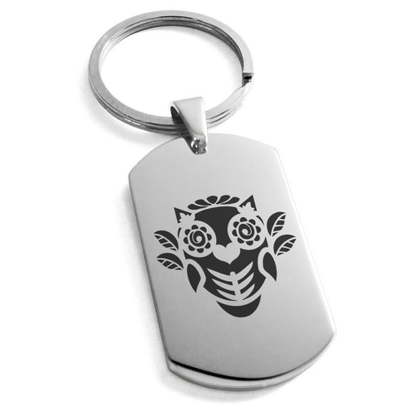 Tioneer Stainless Steel Day of the Dead Owl Engraved Dog Tag Keychain Keyring