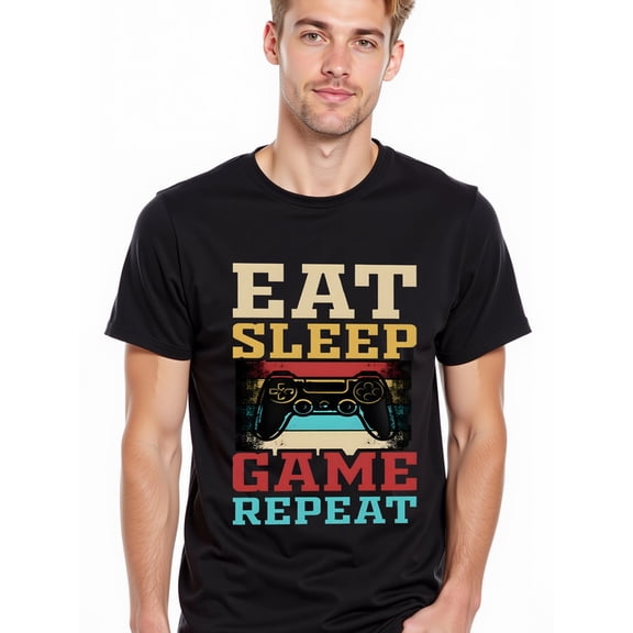 greennik Game On: Eat Sleep Game Repeat Men's t-shirts black short casual Cool shirts, Funny shirts, t shirt Retro Unisex Shirt Graphic tshirts