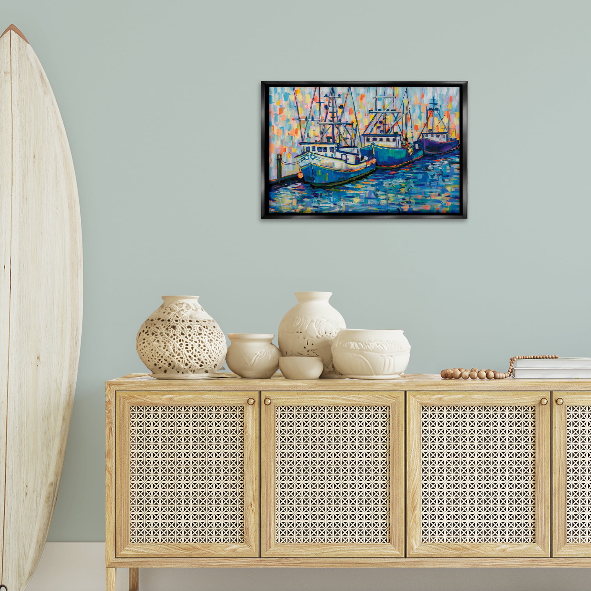 Stupell Industries Vivid Boats in Harbor Transportation Painting Black Floater Framed Canvas Art Print Wall Art, 25 x 17
