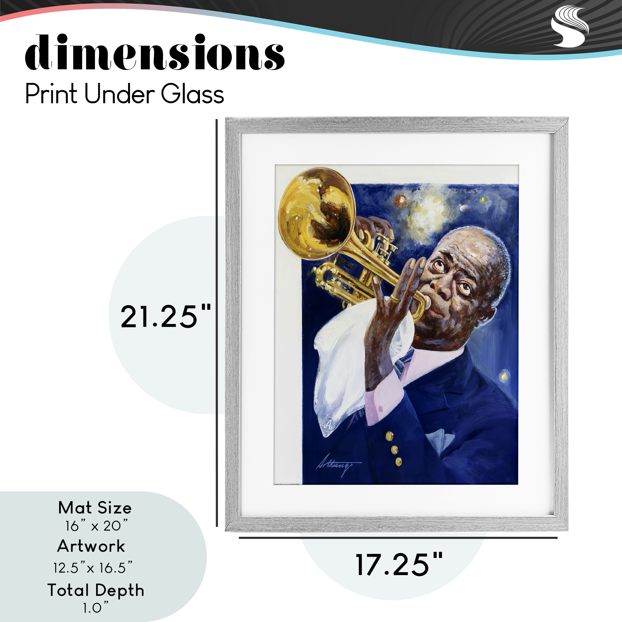 Louis Armstrong Portrait Gray Framed Print Under Glass, design by Wind River Studios