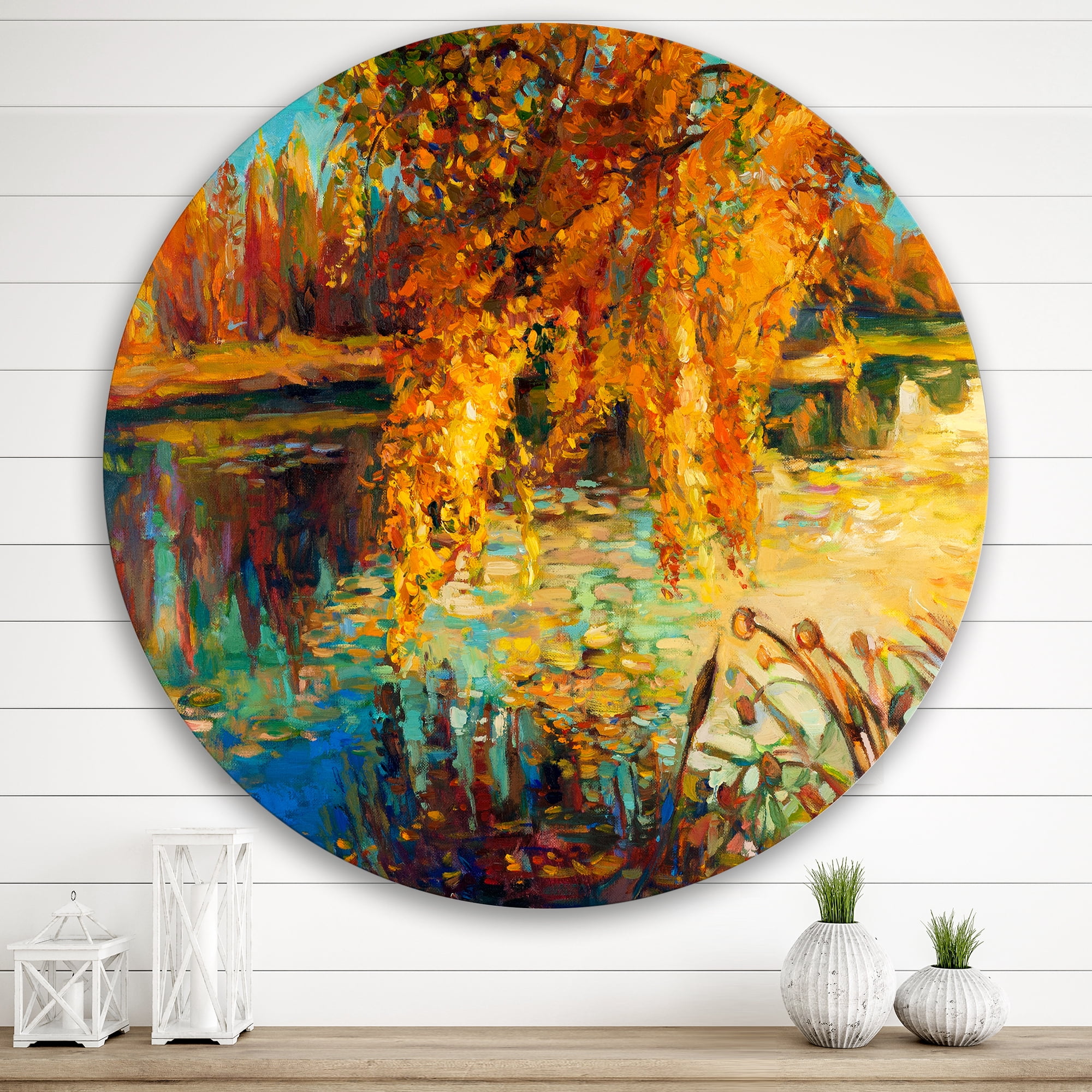 Designart 'Orange Autumn Forest Reflects On River' Lake House Circle Metal Wall Art 29x29 - Disc of 29