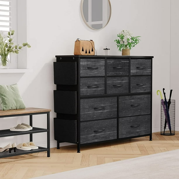 Historyli Cómoda de 10 cajones para dormitorio, baúl de tela con bolsillos laterales y tablero de madera, roble y fresno