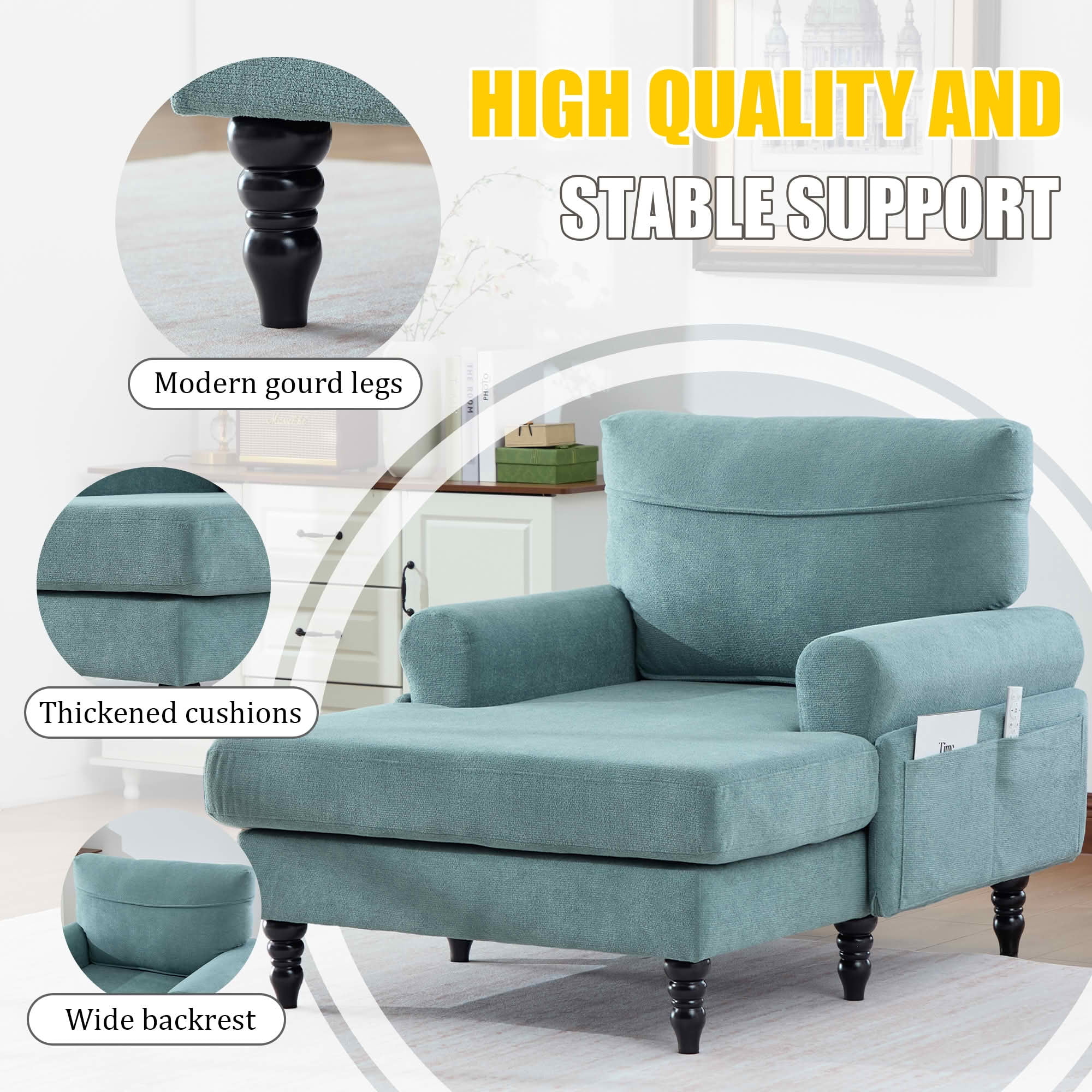 MAYEERTY Modern Minimalist Chenille Chaise Lounge with Armrests & Side Storage Pockets, Wide Seat Single Recliner Sofa with Solid Wood Legs for Living Room Bedroom Office