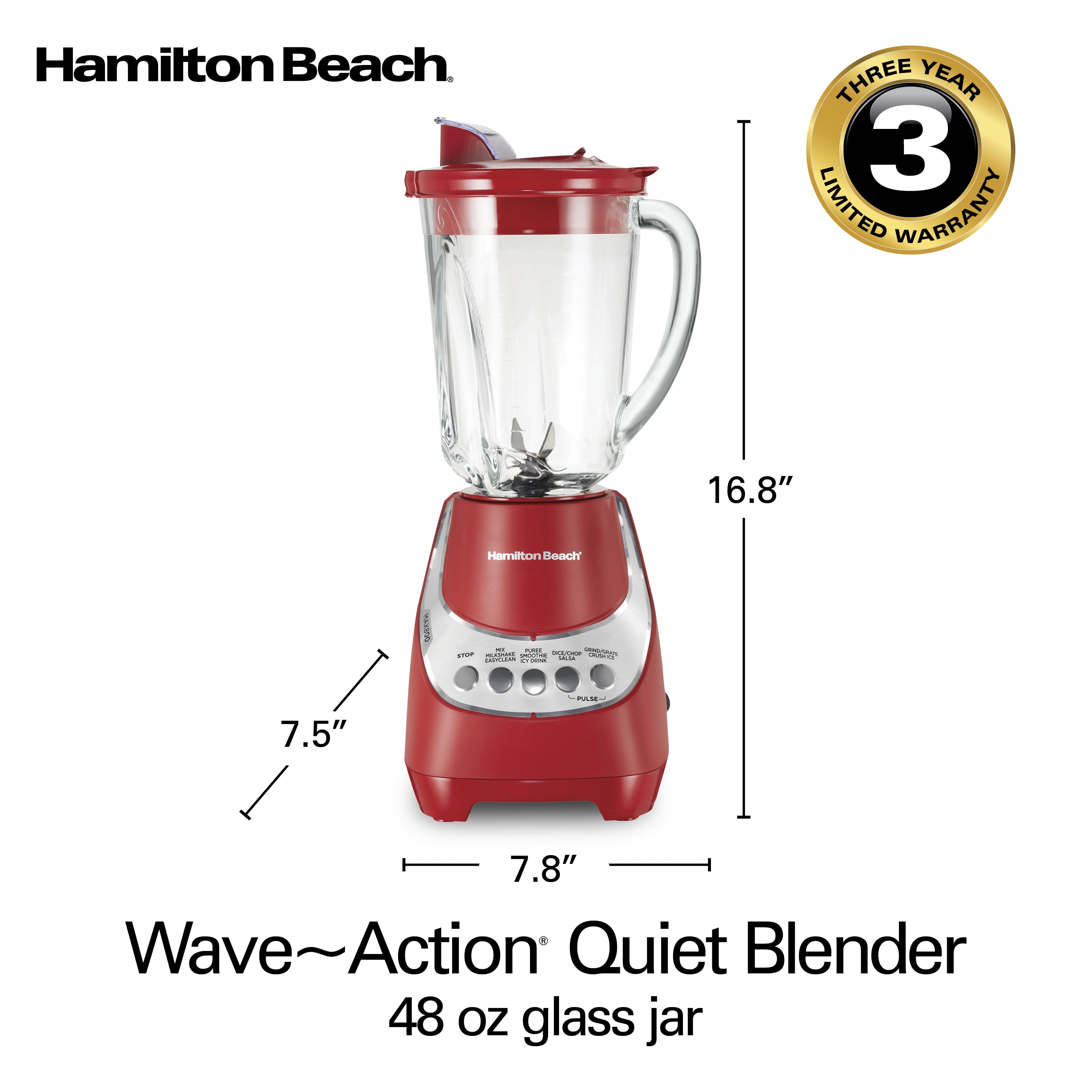 Hamilton Beach Wave Action Blender, 48 oz. Capacity, Red, New, 53519W 