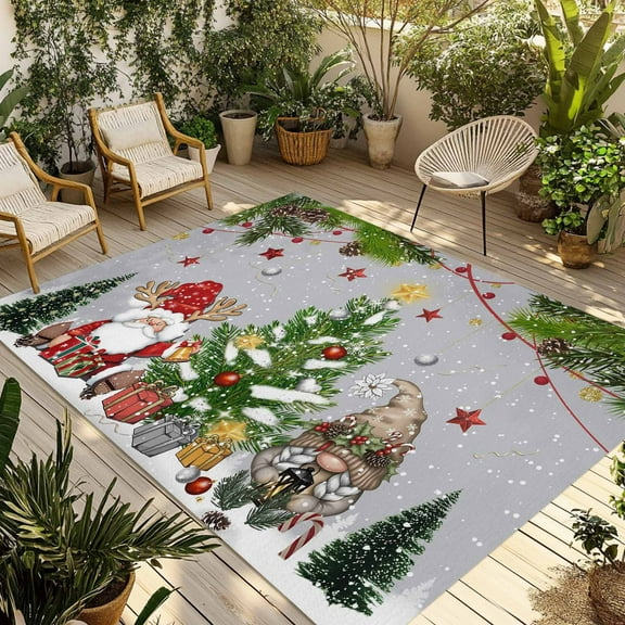 Fsddascl Grey Christmas Gnomes Outdoor Rug for Patio/Deck/Porch, Non-Slip Large Area Rug 4 x 6 Ft, Xmas Tree Snowflake Pine Needle Indoor Outdoor Rugs Washable Area Rugs, Camping Rug Carpet Runner