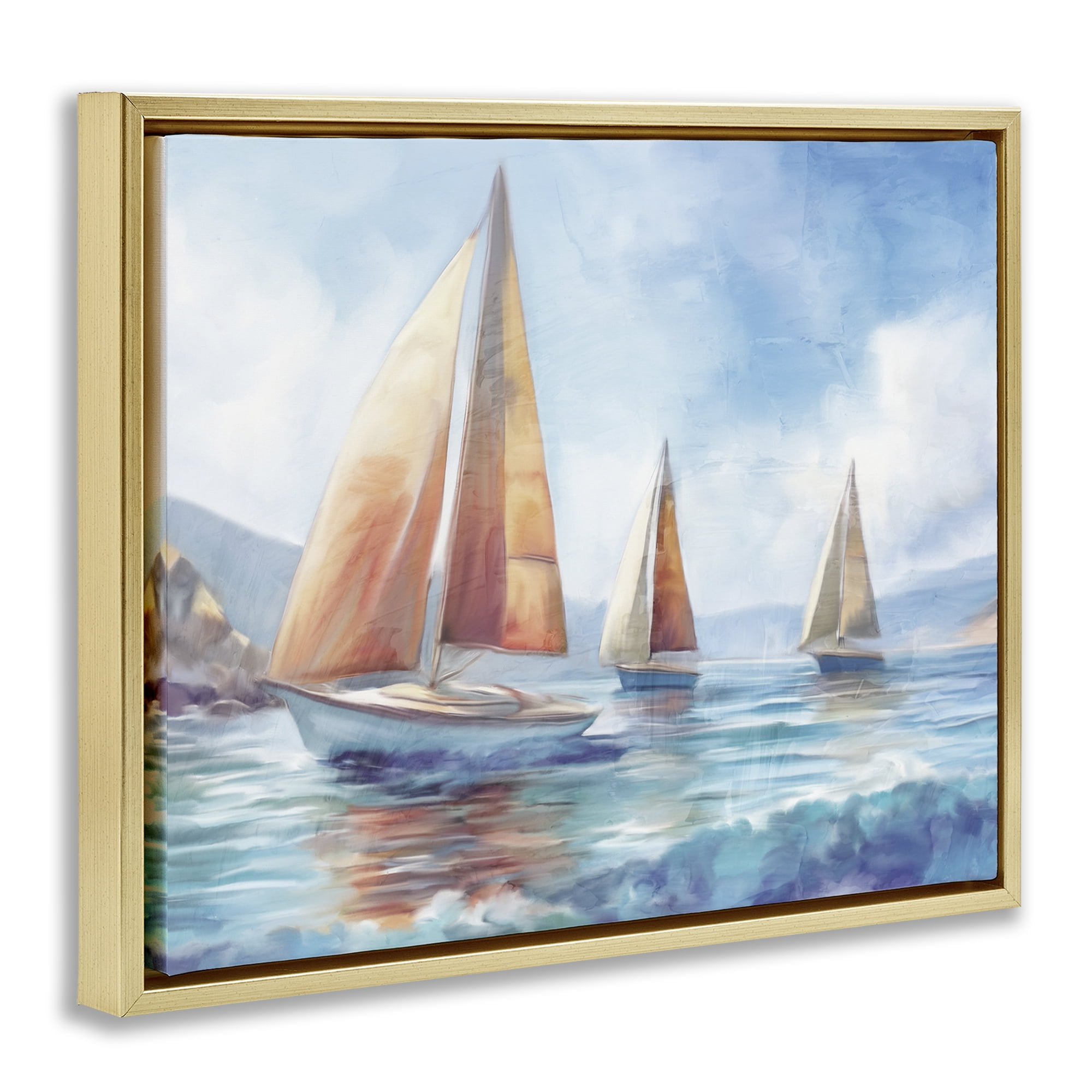 Stupell Industries Three Boats Drifting Coastal Painting Gold Floater Framed Canvas Art Print Wall Art, 21 x 17