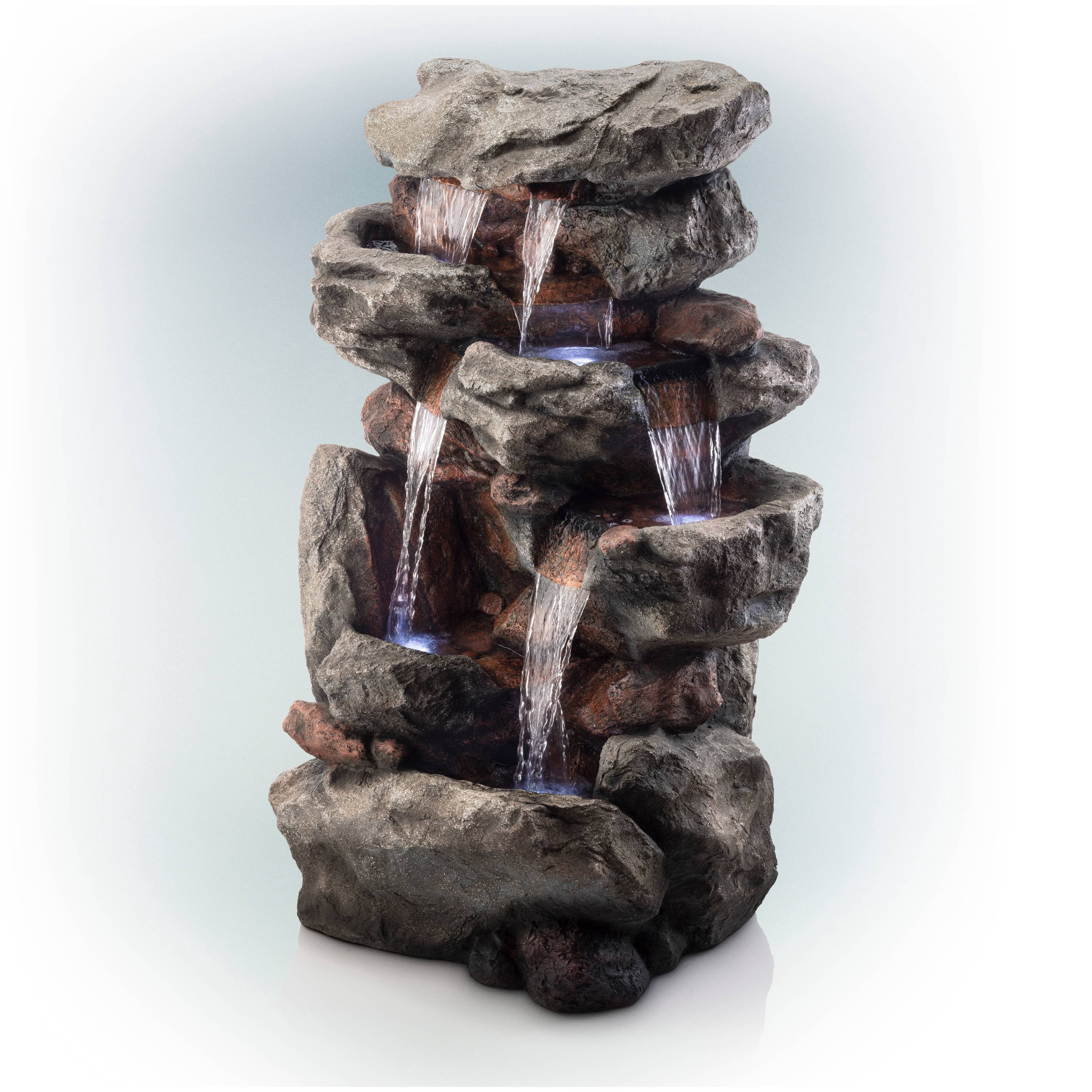 Alpine Corporation Outdoor 5-Tier Rainforest Rock Water Electric Fountain with LED Lights