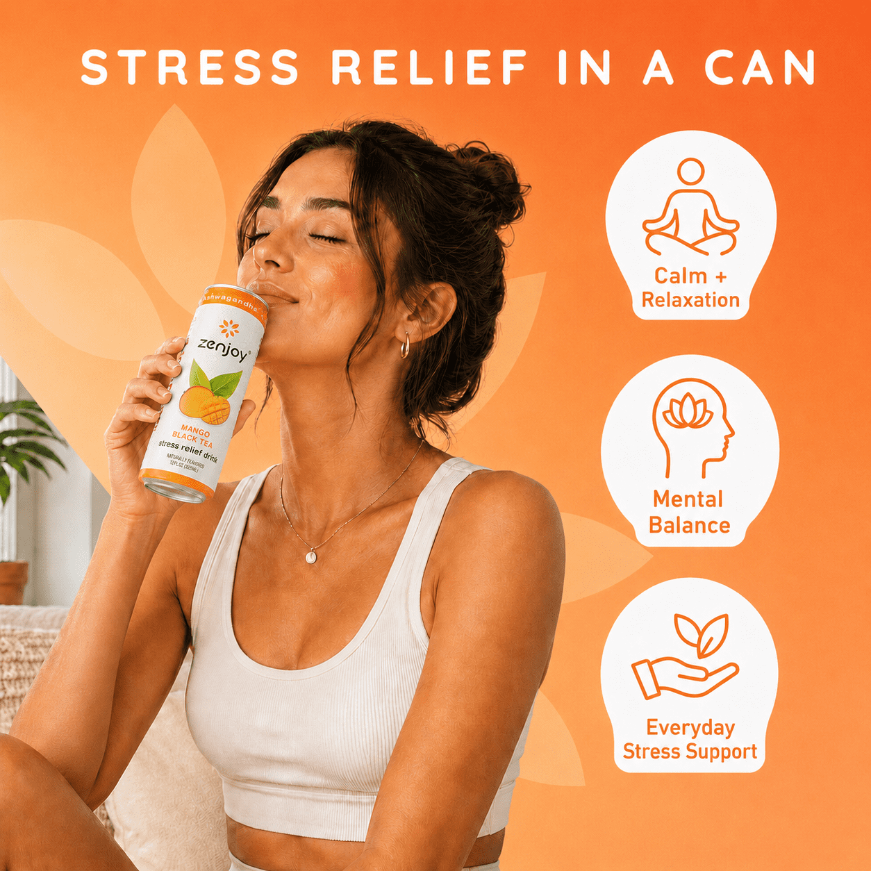 Zenjoy Stress Reief Drink, Calming Black Tea, Non Alcoholic, Ashwagandha & Lemon Balm for Stress Relief, L - Theanine for Focus (12 Pack) (Mango)