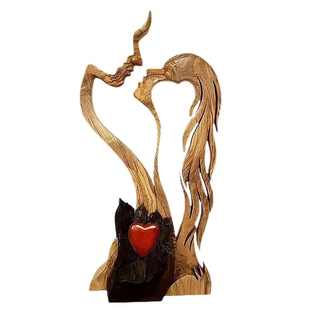 CAIROYAR Figura de pareja besándose, estatua de amante, adornos de madera de amor eterno, escultura de escritorio de corazón de madera, estatua de pareja besándose, adornos de arte de amor, regalos pa
