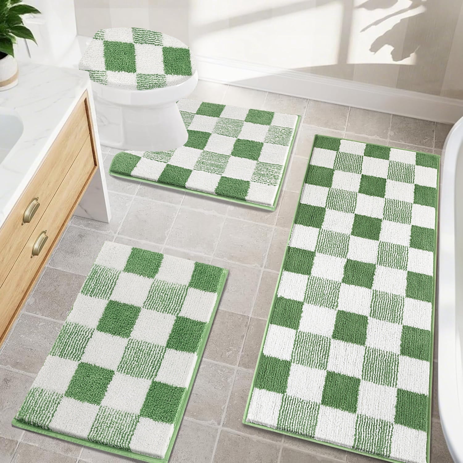 Bathroom Rugs, Yamaziot Checkered Green Bath Rugs Runner with Toilet Mat, Non Slip Water Absorbent Microfiber, 4 Count