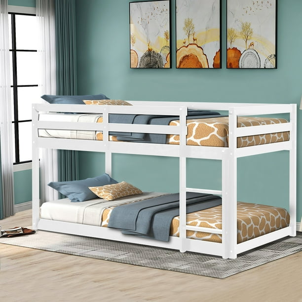 Solid Wood Low Bunk Bed for Kids, Twin Over Twin Floor Bunk Bed with