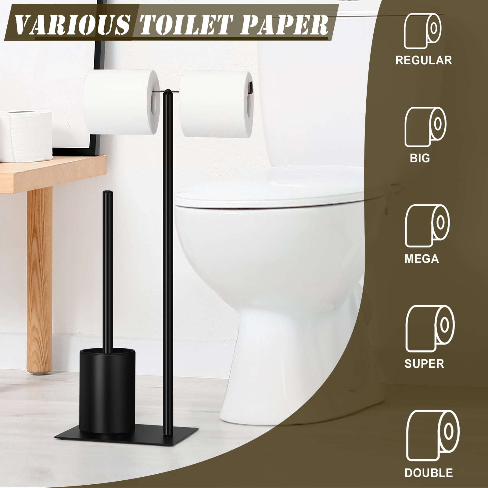 Freestanding Floor Toilet Paper Holder Metal with Toilet Brush Bathroom Black Set of 2