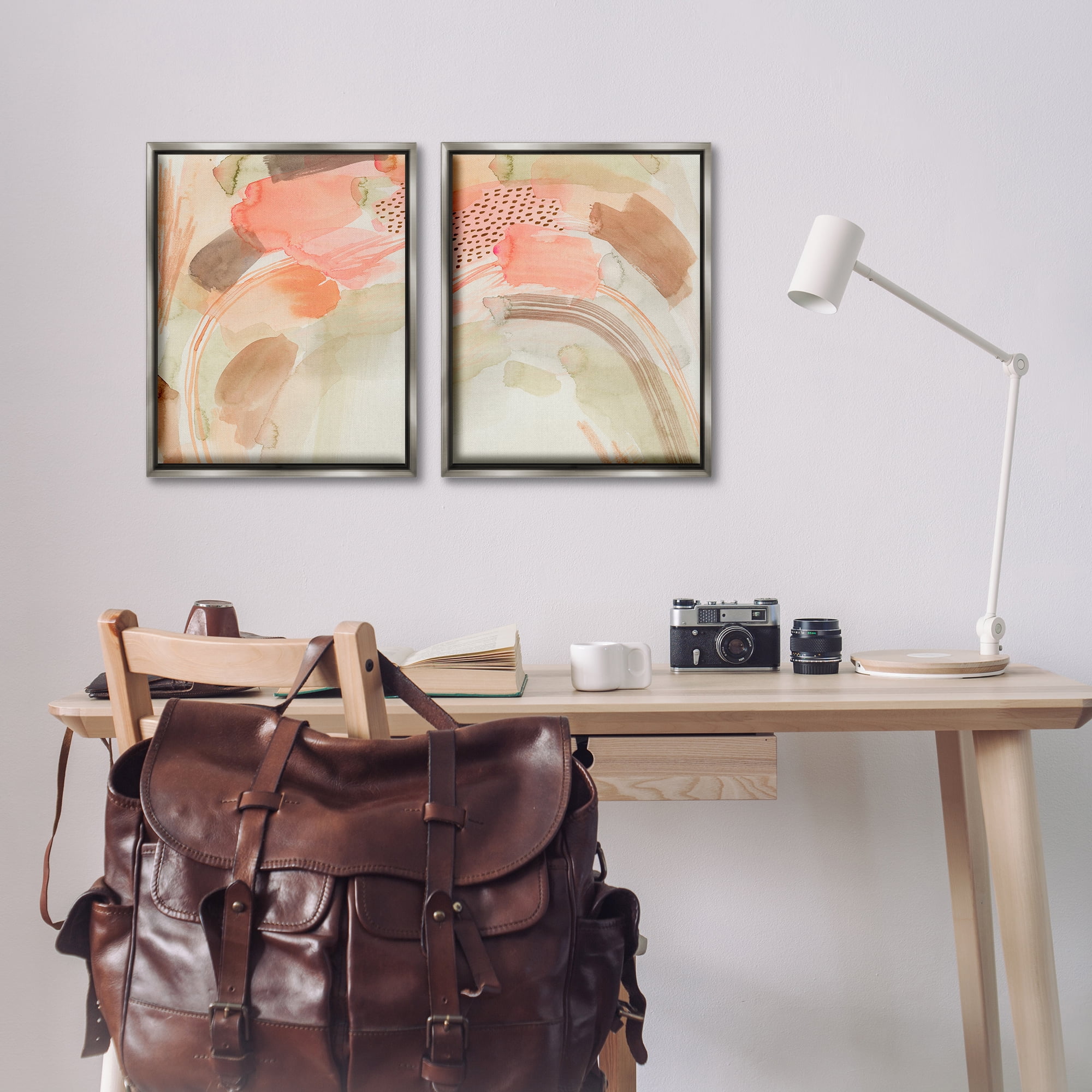 Stupell Industries Pink Peach Abstract Watercolor Abstract Painting Gray Floater Framed Canvas Art Print Wall Art, 17 x 21, Set of 2