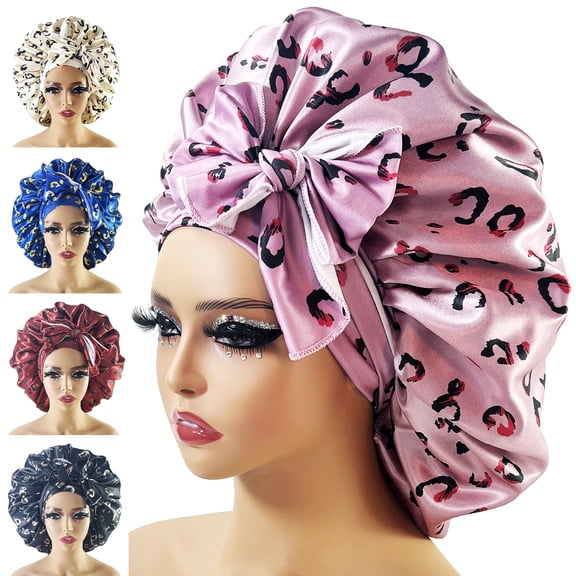 Dalrosia Large Satin Bonnet for Women - Leopard Elastic Silk Bonnet for Braids Hair Sleeping Cap with Tie Band